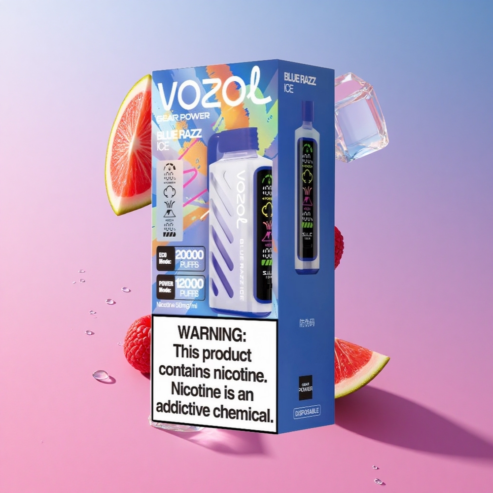 VOZOL Gear Power 20000 Puffs Dual Mesh Coil כחול פטל קרח Full Screen Display