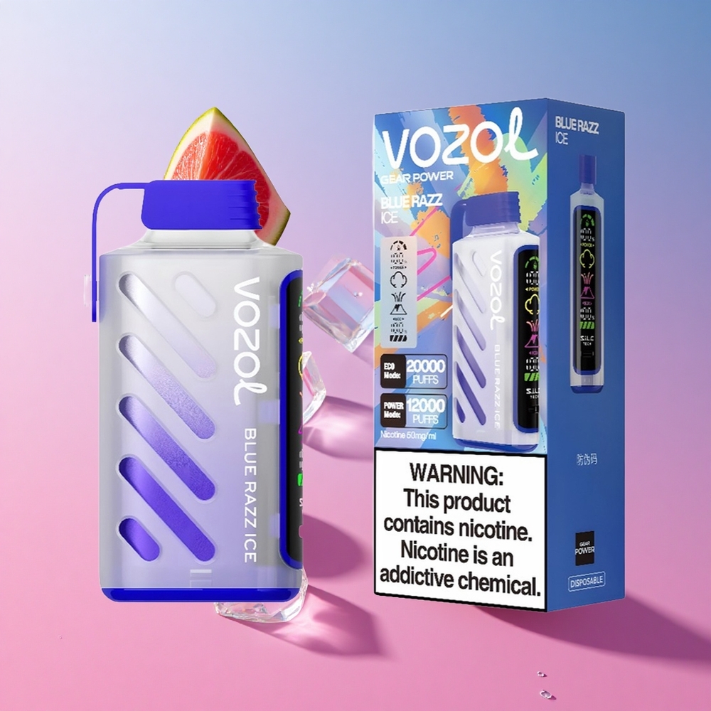 VOZOL Gear Power 20000 Puffs Dual Mesh Coil כחול פטל קרח Full Screen Display